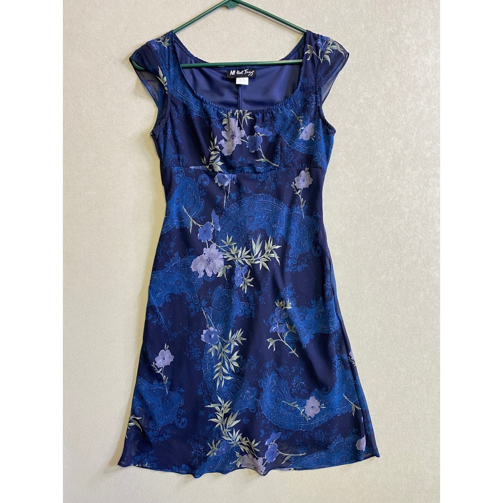 All That Jazz Vintage Floral Paisley Empire Waist Mini Dress Blue Purple 9/10